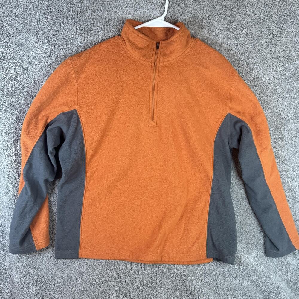 LL Bean Pullover Mens Medium Orange Gray Fleece Quarter Zip Colorblock Mock Neck